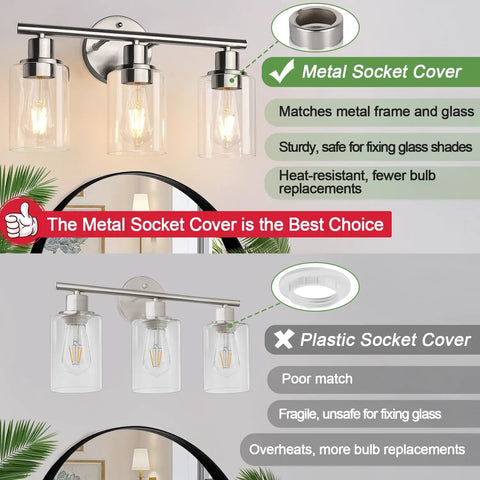 Comparison of 3 Light Brushed Nickel Vanity Light Fixture With Clear Glass Shades; metal vs plastic socket cover.