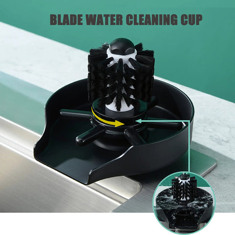 Matte Black Glass Rinser For Kitchen Sink With Automatic Cup Washer And Brush, Stainless Steel Faucet Rinsing Device With Dual Water Jets For Quick Deep Clean Of Cups And Bottles No Hassle Easy Rinse, shown with black rotating brush and water jets