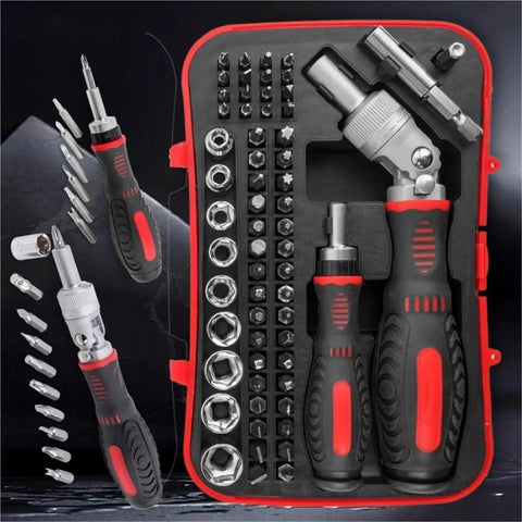 Heavy Duty Ratchet Screwdriver Set With Magnetic Bits Perfect For Household Repairs And Auto Mechanics Who Need A Durable Toolbox To Tackle Any Fixing Job Without Breaking The Bank Or Rummaging Through Cluttered Gears. Ratchet screwdriver set in red case