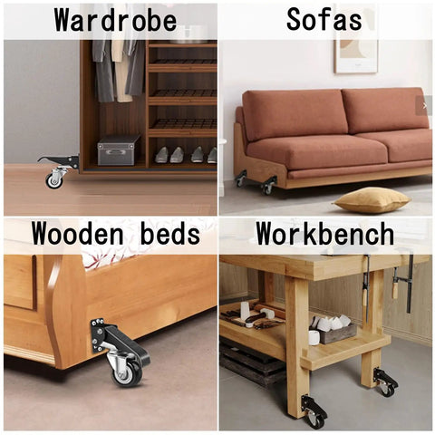 Heavy Duty Retractable Casters Set Of Four With Floor Mount Hardware Built Tough For Any Workshop Table Or Utility Cart Offering Rock Solid Locking Stability And Smooth Rolling Glide Across Concrete Surfaces Handling 300 KG Loads Like A Champ used on wardrobe, sofas, wooden beds, and workbench.