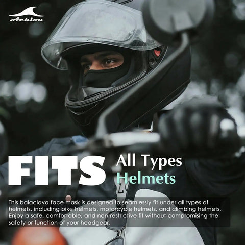 Person wearing helmet with Balaclava Ski Mask Ice Silk Breathable Dope Face Cover For Men And Women, UV Protection, Summer Cooling, Wind And Dust Shield For Motorcycle Riding And Outdoor Sports.