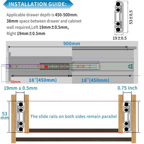 Heavy Duty Drawer Slides 264 Lb Load Capacity Locking Side Mount Full Extension Ball Bearing 18 Inch 1 Pair For Tool Box RV Drawers Cabinets Runners Sliding Rails installation guide with 18in side mount measurements
