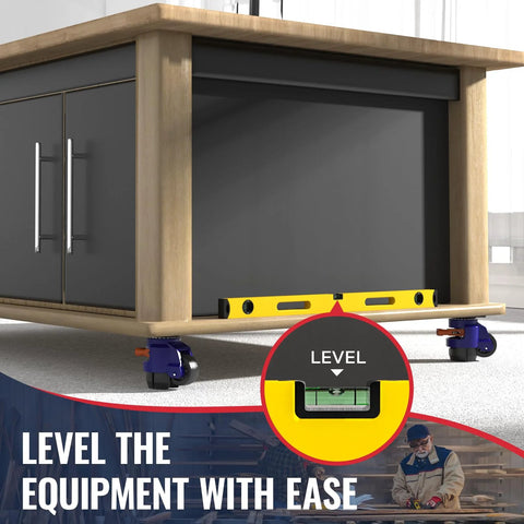 Heavy Duty Leveling Casters Set Of 4 With Ratchet Handle For Quick Height Adjustment, Each Castor Supports Up To 2200 Lbs, installed on a workbench