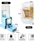Ditch The Floor Debris With This No Mess Bird Cage Feeder And Automatic Water Dispenser showing 17oz water and grain containers with measurements.