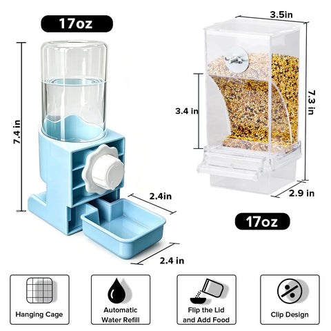 Ditch The Floor Debris With This No Mess Bird Cage Feeder And Automatic Water Dispenser showing 17oz water and grain containers with measurements.