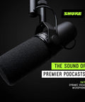 Close-up of SM7dB Dynamic Studio Mic With Built In Preamp For Podcasting, Streaming, And Vocal Recording, black with windscreen.