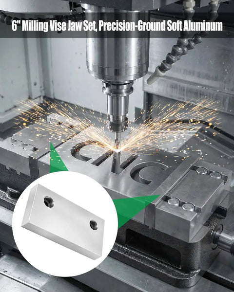 Six Inch Milling Vise Jaws Set in Soft Aluminum, Replacement Jaws for 6 Inch Vises, Built for Side Milling, Deep Slot Work, and Small Parts, GMT Style Compatible, Similar to Go To Vise Jaws for Max Clearance. CNC vise jaws on milling vise