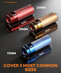 Heavy Duty Half Inch Drive Lug Nut Impact Socket Set Deep Thin Wall Sockets in 17mm 19mm 21mm CR-Mo Steel Non Marring Rim Protector Sleeved Sockets for Wheel Protection and High Torque Jobs shown in red, gold, and blue