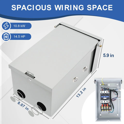 Angled-front view: three-phase magnetic motor starter enclosure, 208–240V, 28–45A, NEMA 3R outdoor-rated.