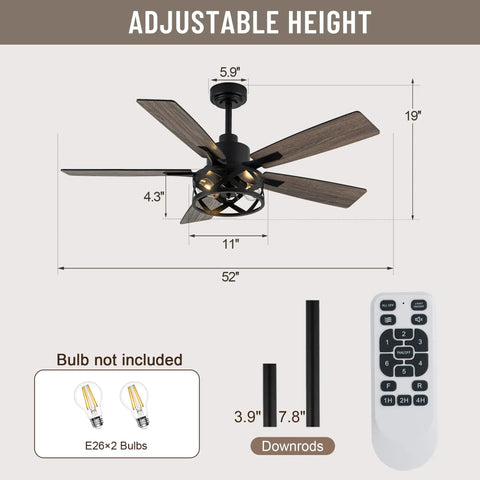 Diagram of 52 Inch Farmhouse Ceiling Fan With Lights And Remote, Caged Rustic Light Fixture, showing dimensions and accessories.