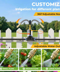 Fifty Foot Drip Irrigation Kit with 360 Degree Adjustable Brass Misting Nozzles on Fence, showing flow options for plants.