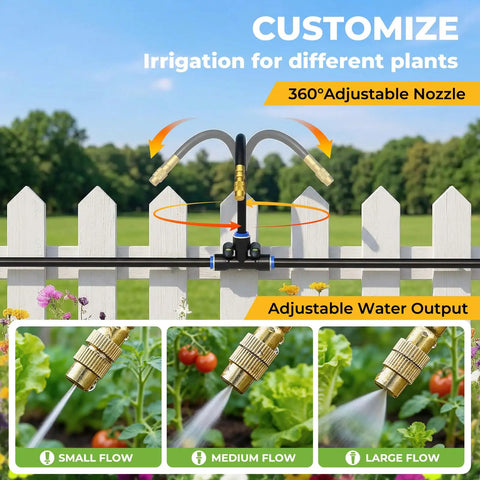 Fifty Foot Drip Irrigation Kit with 360 Degree Adjustable Brass Misting Nozzles on Fence, showing flow options for plants.