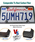 Carbon Pattern Aluminum License Plate Frame showcasing real vs. printed carbon texture comparison with bold lettering and graphic.