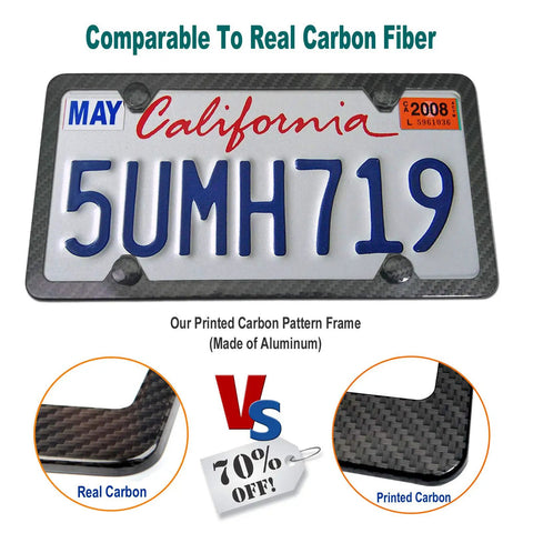 Carbon Pattern Aluminum License Plate Frame showcasing real vs. printed carbon texture comparison with bold lettering and graphic.