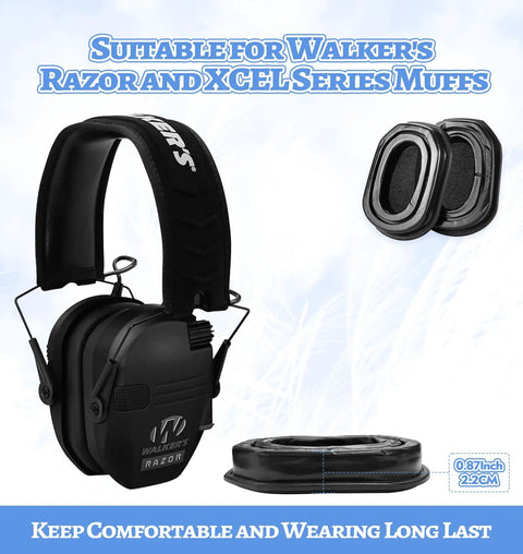 Comfy Replacement Gel Ear Pads For Walkers Razor And XCEL Earmuffs with silicone ear cushions and dimensions.