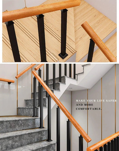 Heavy Duty Adjustable Black Wrought Iron Bracket With 24 Inch Pine Wood Deck Support for stylish indoor staircase railings.