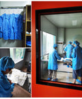 Workers in blue gowns and caps preparing materials in a clean room, showcasing safety and hygiene in a commercial setting.