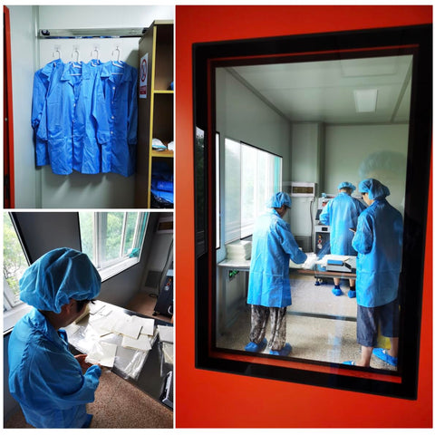 Workers in blue gowns and caps preparing materials in a clean room, showcasing safety and hygiene in a commercial setting.