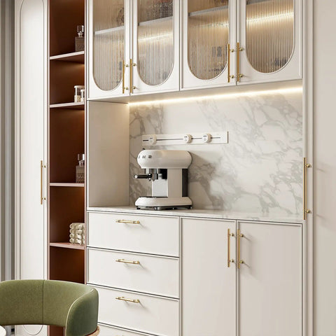 Gold Cabinet Pulls Set Of 30 Six And A Quarter Inch Heavy Duty Drawer Handles on white kitchen cabinets with marble backsplash