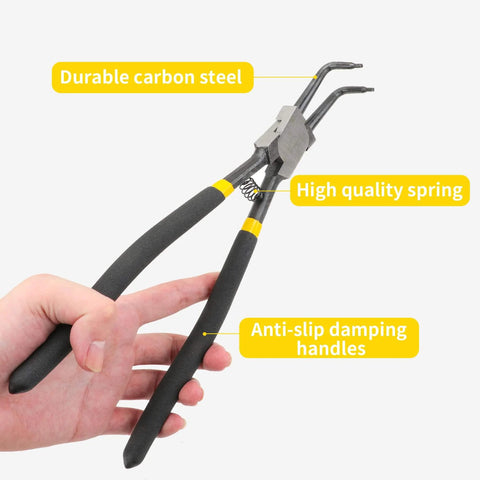 8 Pc Extra Long Snap Ring Pliers And Hook Tool Set with carbon steel, anti-slip handles, shown with bent jaws in hand.