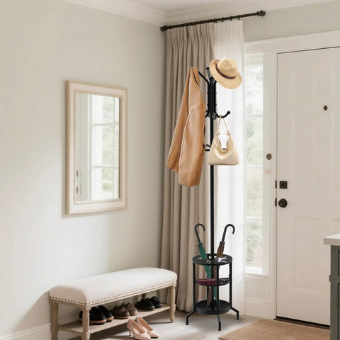 Dope Freestanding Coat Rack With 12 Hooks And Umbrella Holder in entryway, holding coat and hat, black metal finish
