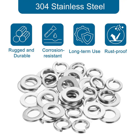 All In One M12 Stainless Steel Washer Kit, 100 Pieces Including 50 Split Lock Washers And 50 Flat Washers, 304 Grade Rust Resistant Hardware, White Finish, Heavy Duty DIY And Auto Projects, M12 304 stainless washers
