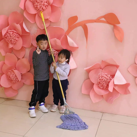 Heavy Duty Commercial Mop Set With Fifty Eight Inch Handle And Three Machine Washable Cotton Loop Heads That Kicks Ass On Gunked Up Floor Grime While Saving Your Lower Back For Warehouses with children.