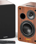 Bluetooth Bookshelf Speakers 40W X 2 With 4 Inch Woofer, featuring wood finish, shown with remote control.