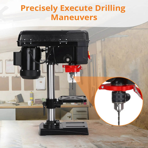 Solid Shop Ready Benchtop Drill Press With Eight Inch Chuck And Boss Two Point Five Amp Motor, showing drill and tilt table.