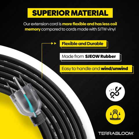 Close-up of Heavy Duty 100 Ft Outdoor Extension Cord 12 Slash 3 With Triple Outlet And Light Indicator, ultra flexible SJEOW rubber.