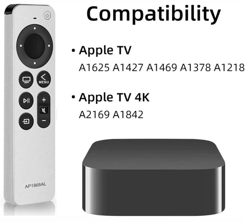Replacement Remote Control For Streaming TV Box Silver Finish Built To Last With Easy Setup Universal Compatibility Works With All Models 1 Year Warranty Ships Fast next to Apple TV box showing model compatibility list