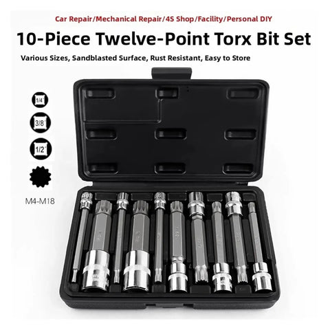 Premium 10pc S2 Steel Torx Star Bit Socket Set With Quick Wrench Driver For Heavy Duty Repair Jobs And Tough Rusty Bolts That Get The Job Done Right. open case, M4-M18
