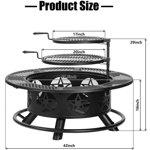 42 Inch 3 In 1 Fire Pit With Two Grills Lid And Tabletop Heavy Duty Outdoor Wood Burning Fire Pit dimensions graphic