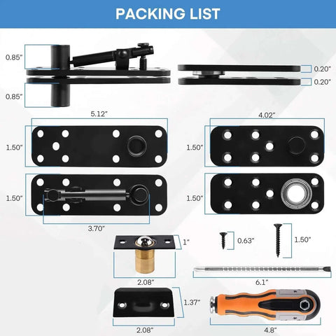 Packing list for Heavy Duty Hidden Door Hinge For Wood Secret Door Hardware showing components and measurements.