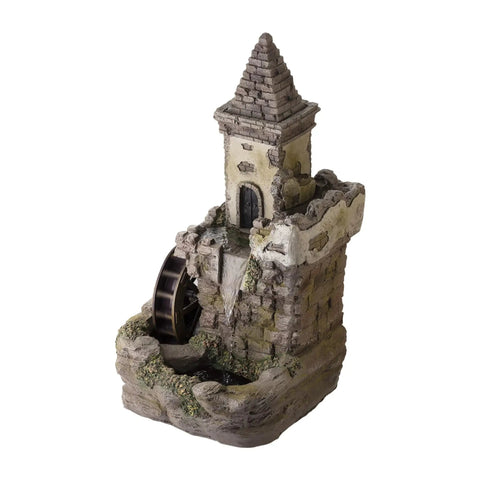 Outdoor Floor Tiered Fairy Castle Waterwheel Fountain With Realistic Stone Look Brown Finish, includes internal pump for quick plug in setup