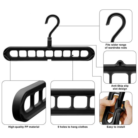 Six Pack Space Saving Closet Hangers For Dorm Rooms, Heavy Duty 9-Hole Wardrobe Organizers, black Magic Space Saver Hanger features.