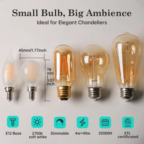 40W Equivalent E12 Frosted Globe LED Bulbs With Cozy Warm Glow 2700K Dimmable Candelabra Base shown next to filament bulbs