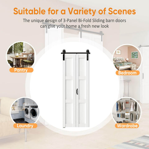 Space Saving Bi-Fold Barn Door Set With Slick Sliding Hardware Kit, 60 Inch Wide 3-Panel MDF White Door Slabs, pre-drilled closet
