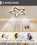 Modern Flush Mount Ceiling Fan With Lights LED 3 Color Temperature 6 Speeds 50W 24.4 Inch Ultra Quiet Ceiling Fan shown in a bedroom