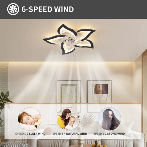Modern Flush Mount Ceiling Fan With Lights LED 3 Color Temperature 6 Speeds 50W 24.4 Inch Ultra Quiet Ceiling Fan shown in a bedroom