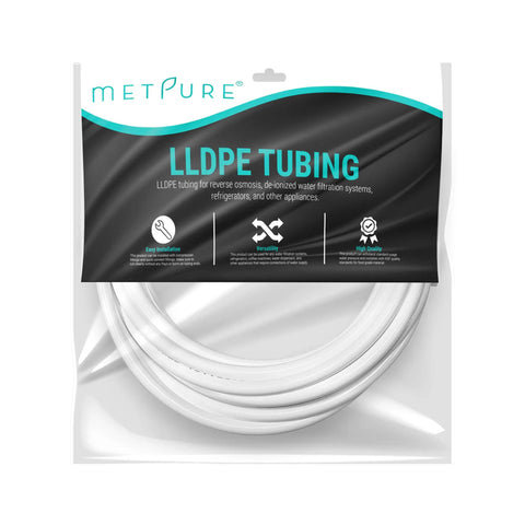 Three Eighths Inch OD LLDPE Water Tubing 25 Feet White Ideal For Reverse Osmosis Systems Deionized Water Setups Refrigerators Coffee Machines And Other Appliances in packaging.