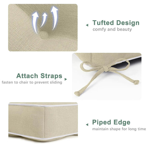 Detail view of 19x19 Inch Water Resistant Outdoor Chair Cushions Set Of 2 showing tufted design, tie straps, and piped edges.
