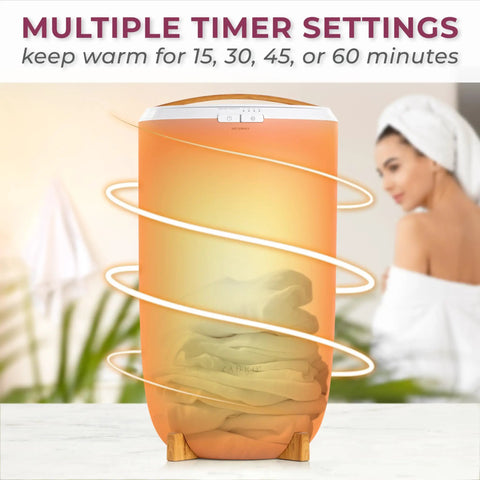 Big Towel Warmer Bucket With Auto Shut Off Four Timer Settings For On Demand Spa Worthy Heat In Bathroom, glowing with warm towels inside.