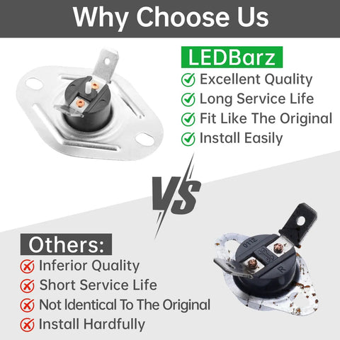 Comparison of Direct Replacement Furnace Limit Switch Rollout Safety L250F For HH18HA452 showing quality and installation features.