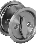 Round Bed And Bath Pocket Door Lock With Privacy Function Satin Nickel Finish Easy To Install Universal Handing For Right Or Left Doors Fits 1 3 8 To 1 3 4 Inch Door Thickness No Notch Required For New Or Existing Install, displaying smooth satin nickel surface with turn latch