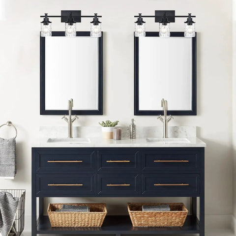 3 Light Black Matte Finish Vanity Light with Dope Clear Grid Glass Shade for Bathroom Mirror and Vanity Modern Farmhouse Wall Fixture E26 Base