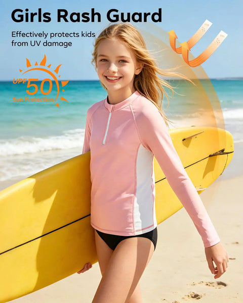 Girl wearing Girls Rash Guard Zip Up Long Sleeve UPF 50 Plus Sun Protection Shirt Quick Dry Breathable Athletic Top Loose Fit Soft Polyester for beach and surf