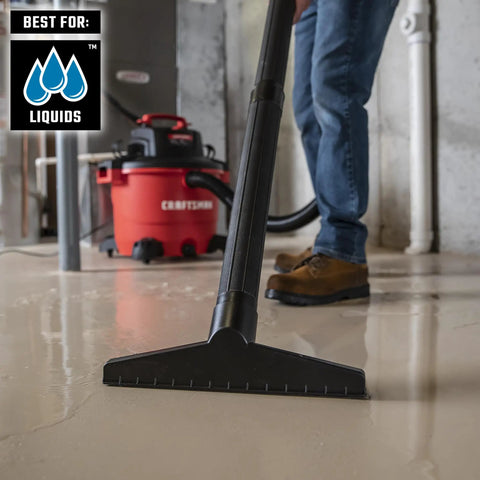 All Purpose Wet Dry Vac Attachment Kit For Home And Shop Use, Wet nozzle cleaning liquid on floor, industrial vacuum accessory.