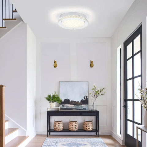 Brighten Up Your Space With A Modern 11 Inch Flush Mount Crystal LED Ceiling Light 4000K Daylight White 1980 Lumens K9 Crystal Beads Ideal For Kitchen Bathroom Bedroom And Hallway in a hallway setting