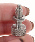 Heavy Duty Stainless Steel Spring Plungers Two Pack With Knurled Handle For Quick Snap Locking No Sweat Self Retracting Pins That Grip Tight For Toolboxes Molds And Tough Job Site Projects shown held in hand.
